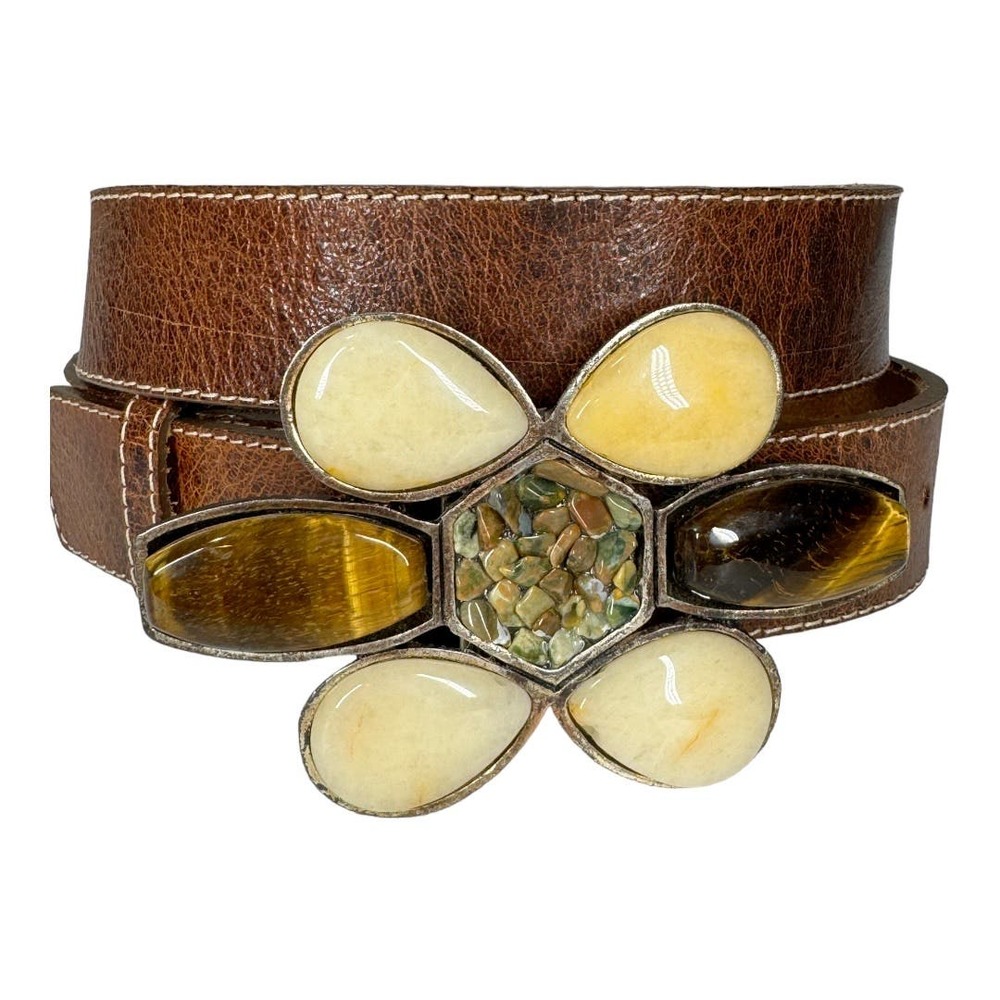 Leatherock Flower Stone Buckle Leather Belt 34 Brown Boho Western Embellished - Picture 5 of 6
